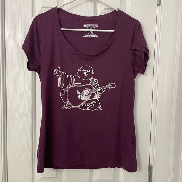 True Religion Women’s Buddha Guitar Graphic Tee Size Large Maroon - Picture 1 of 9